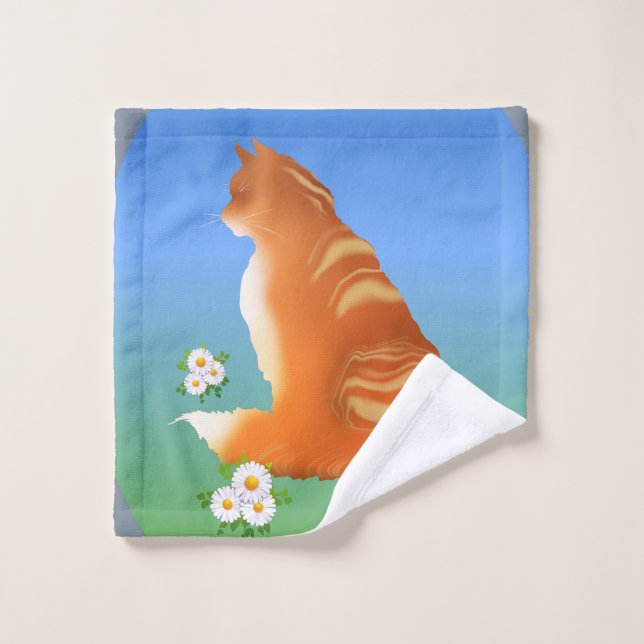 Ginger Cat with Daisies  Wash Cloth (Wash Cloth)
