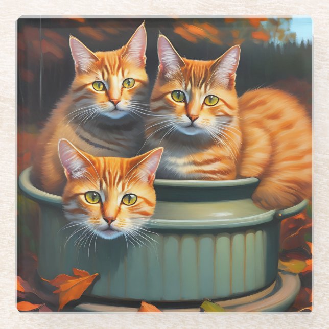 Ginger Cats Pot Plants, Glass Coaster (Front)