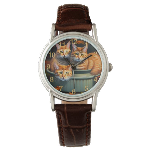 Ginger Cats Pot Plants, Ladies Leather Watch (Front)