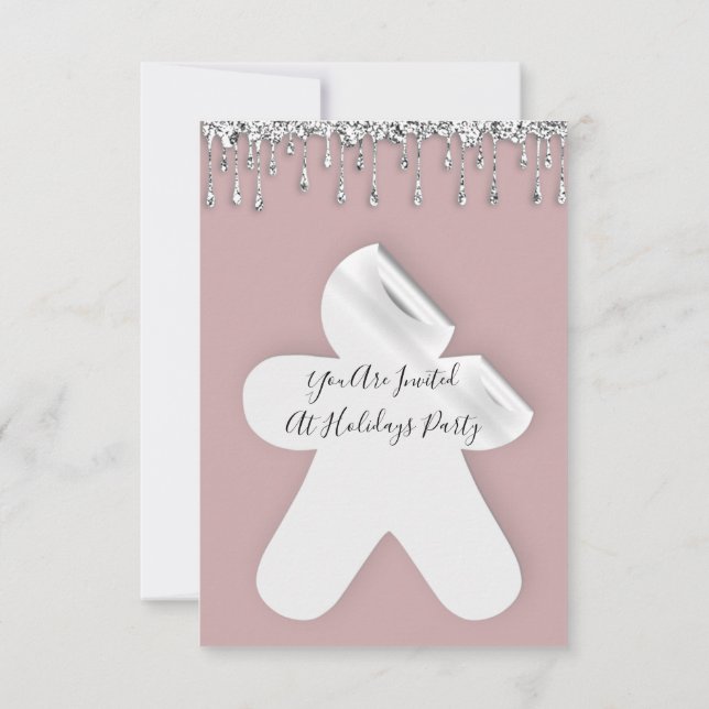 Ginger Christmas Dinner Holidays Rose Silver Drips Invitation (Back)