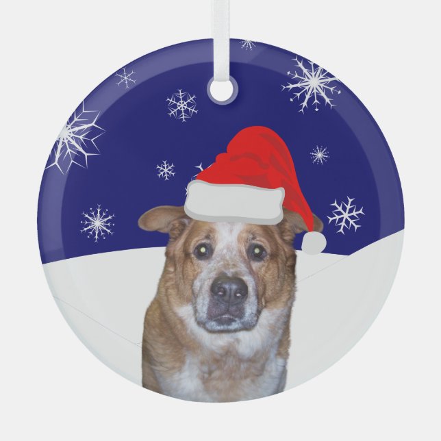 Ginger Dog in Santa Hat with Snowy Hills   Glass Tree Decoration (Front)