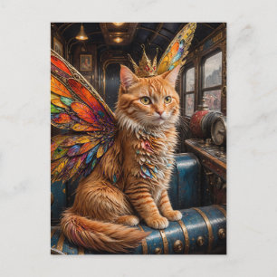 Ginger Fairy Cat Sits in a Vintage Train Postcard