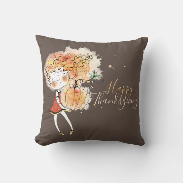 Ginger Girl with Pumpkin Thanksgiving Cushion (Front)
