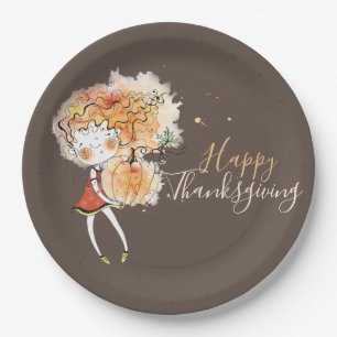 Ginger Girl with Pumpkin Thanksgiving Paper Plate