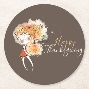 Ginger Girl with Pumpkin Thanksgiving Round Paper Coaster
