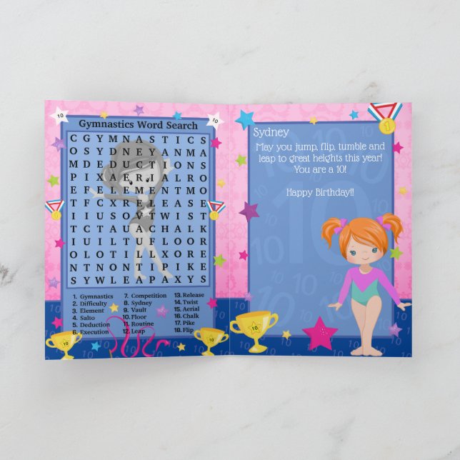 Ginger Girls Gymnastics Word Search Happy Birthday Card (Inside)