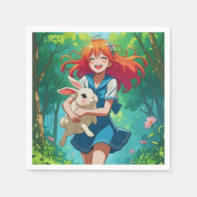 Ginger-haired Anime Girl with her Bunny Napkin (Front)