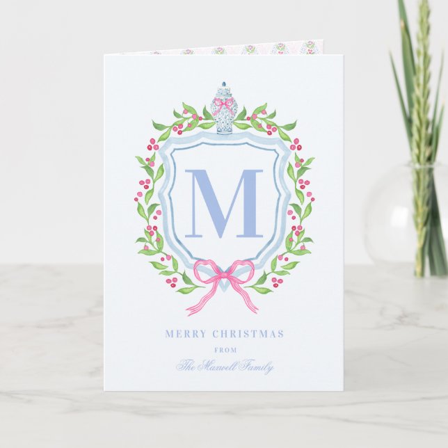 Ginger Jar & Christmas Berries Monogram Photo Card (Front)
