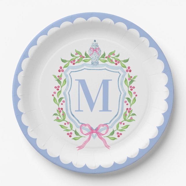 Ginger Jar & Christmas Berries Monogram Scalloped Paper Plate (Front)