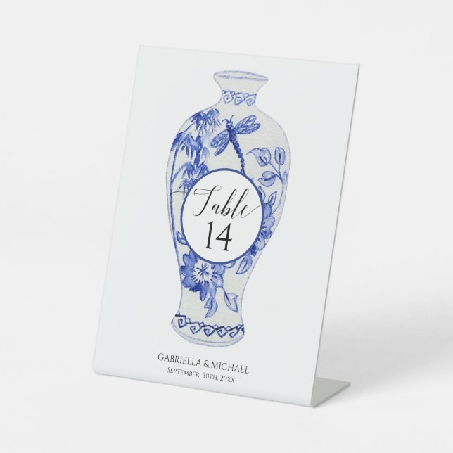 Ginger Jar Dragonfly Navy Blue White Wedding Pedestal Sign (Front)