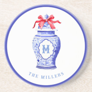 Ginger Jar Monogram   Red Bow Coaster