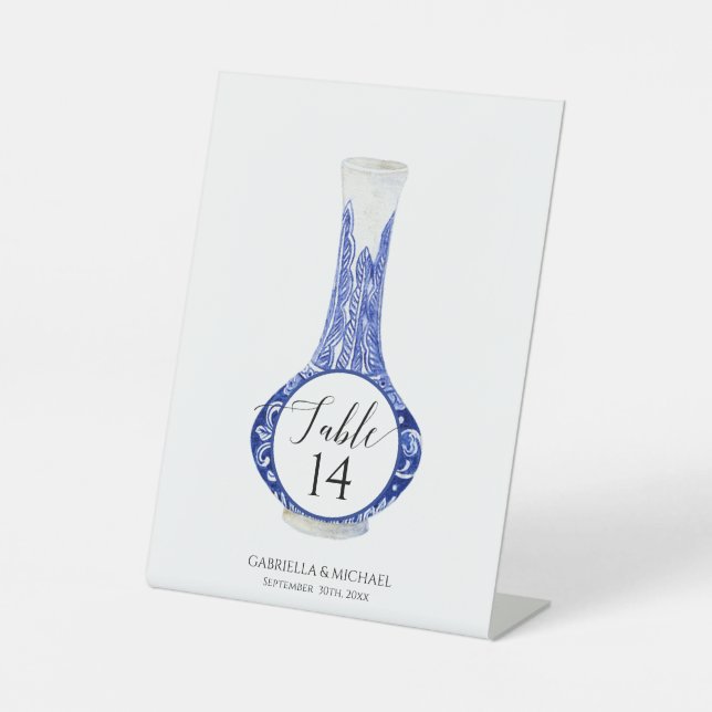 Ginger Jar Navy Blue White Chinoiserie Wedding Pedestal Sign (Front)