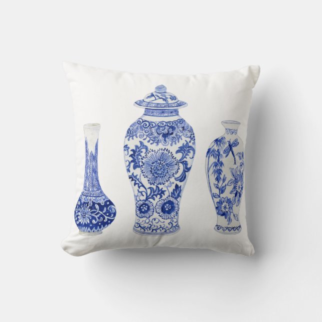 Ginger Jars Chinoiserie Blue and White Floral Vase Cushion (Front)