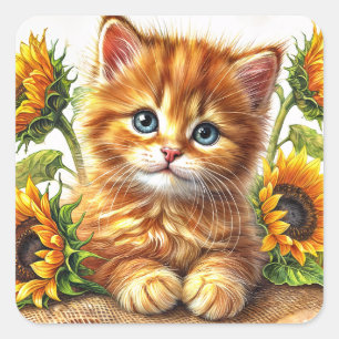 Ginger Kitten Among Sunflowers Art Square Sticker