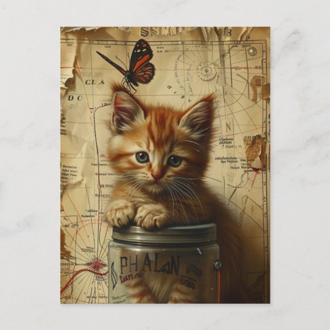 Ginger Kitten Collage Mixed Media Postcard (Front)