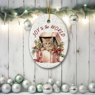Ginger Kitten Gift Box Joy to the World Holiday Ceramic Tree Decoration