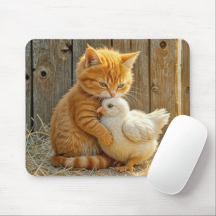 Ginger Kitten Hugging a Baby Chick Mouse Mat