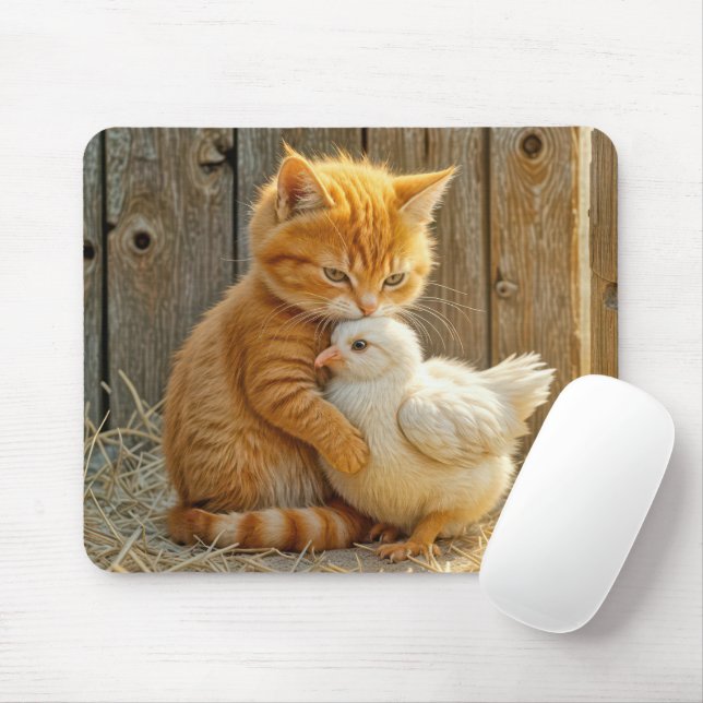 Ginger Kitten Hugging a Baby Chick Mouse Mat (With Mouse)