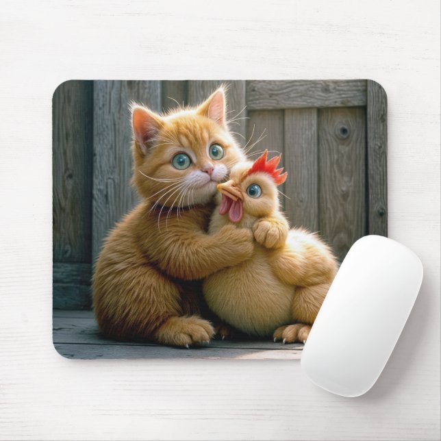Ginger Kitten Hugging a Chicken Mouse Mat (With Mouse)