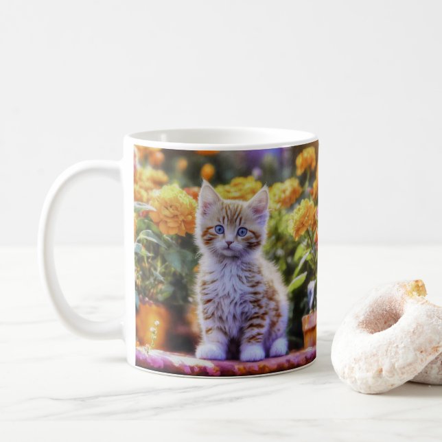 Ginger Kitten in a Flower Garden Coffee Mug (With Donut)