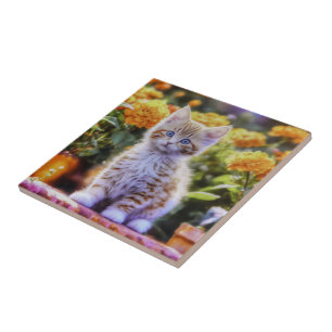 Ginger Kitten in a Flower Garden Tile