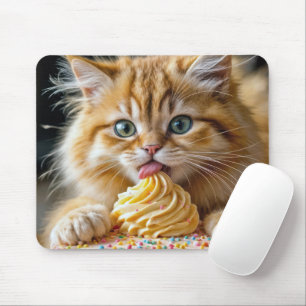 Ginger Kitten With Licking a Birthday Cake Mouse Mat