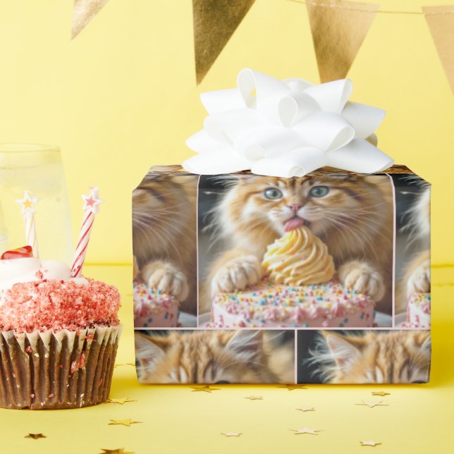 Ginger Kitten With Licking a Birthday Cake Wrapping Paper (Birthday Party)