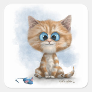 Ginger Kitten with Mouse Cartoon Square Sticker