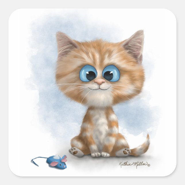 Ginger Kitten with Mouse Cartoon Square Sticker (Front)