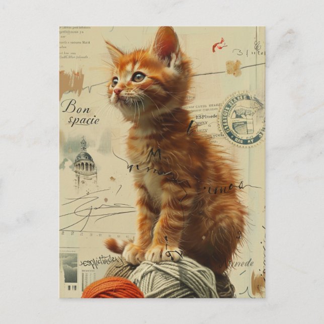 Ginger Kitten Yarn Collage Mixed Media Postcard (Front)