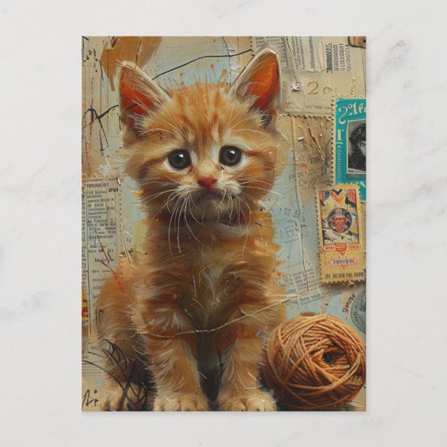 Ginger Kitten Yarn Collage Mixed Media Postcard (Front)