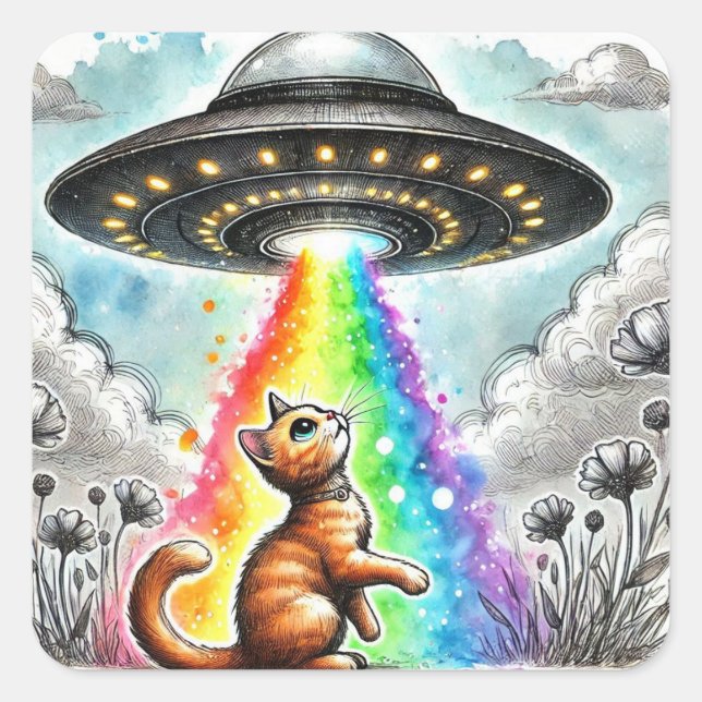 Ginger Kitty and UFO Square Sticker (Front)