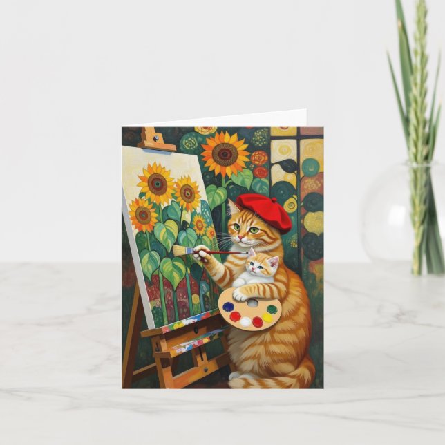 Ginger Kitty Artist painting Sunflowers Thank You Card (Front)