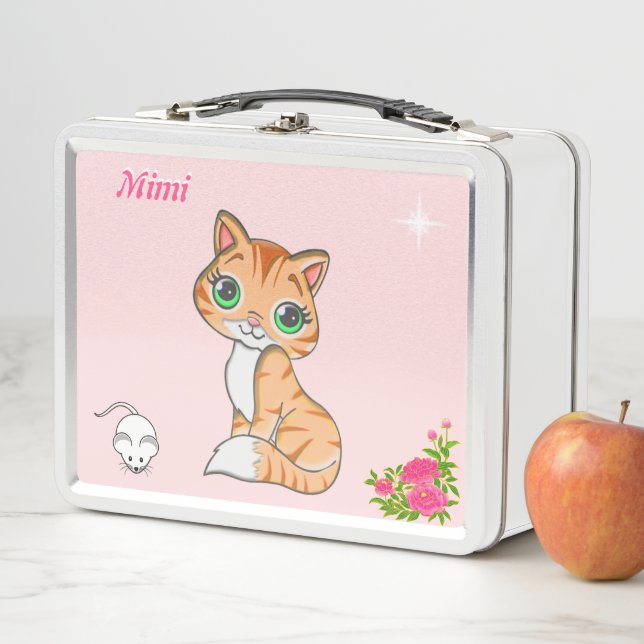 Ginger kitty cat, flowers, mouse & star on pink metal lunch box (In Situ)