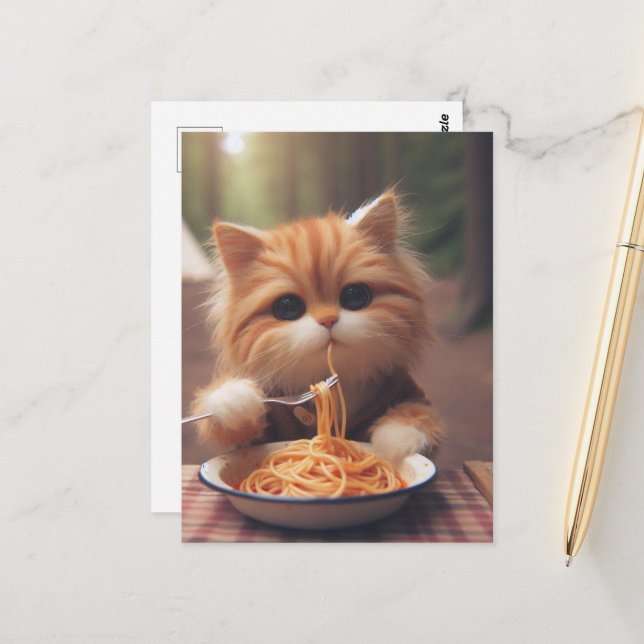 Ginger Kitty Eats Spaghetti Postcard (Front/Back In Situ)