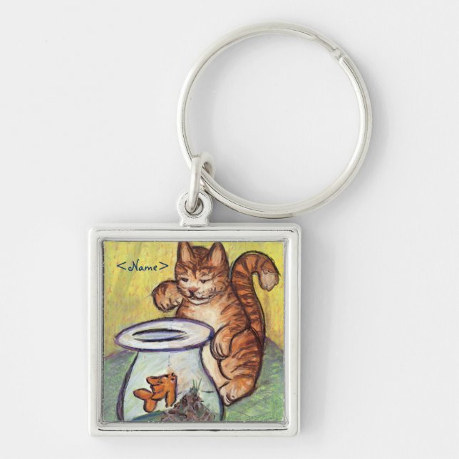 Ginger Kitty & Goldfish Custom Art Keychain (Front)