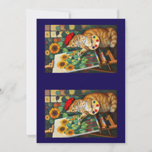 Ginger Kitty painting Sunflowers Thank You Card