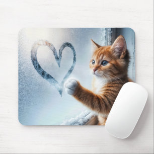Ginger Kitty With Frosty Window Heart Mouse Mat