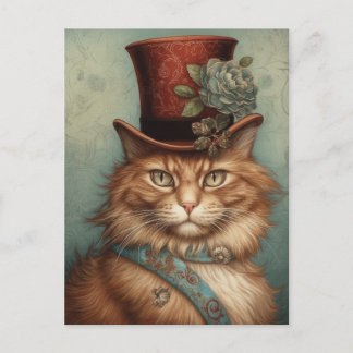 Ginger Long Hair Cat in a tophat Postcard