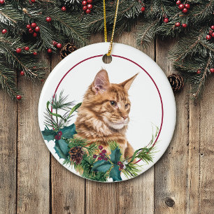 Ginger Maine Coon Cat Evergreen Berry Wreath Ceramic Tree Decoration