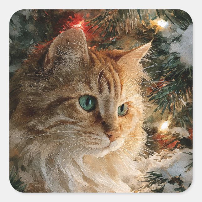 Ginger Maine Coon Christmas Square Sticker (Front)