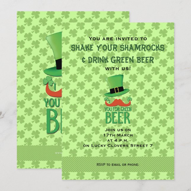 Ginger Moustache you green beer clover Invitation (Front/Back)
