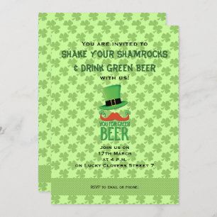 Ginger Moustache you green beer clover Invitation