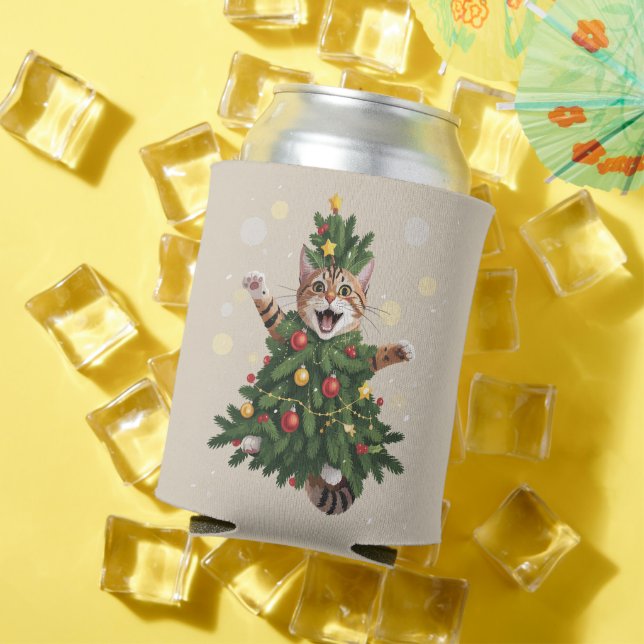 Ginger Orange Cat Christmas Tree Cute Xmas  Can Cooler (In Situ Summer)