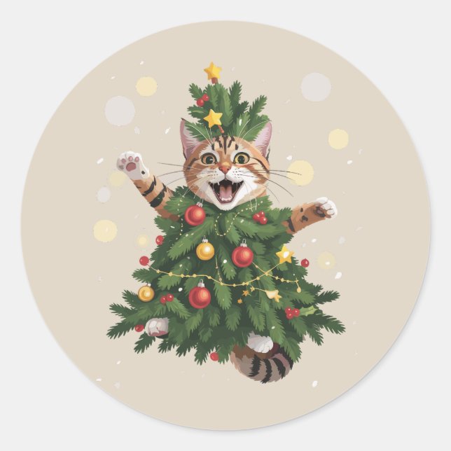 Ginger Orange Cat Christmas Tree Cute Xmas  Classic Round Sticker (Front)