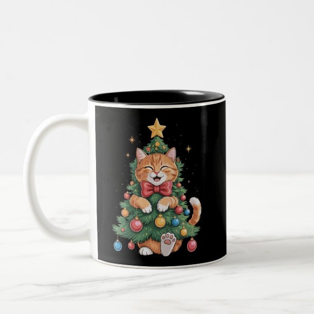 Ginger Orange Cat Christmas Tree Cute Xmas  Two-Tone Coffee Mug (Left)