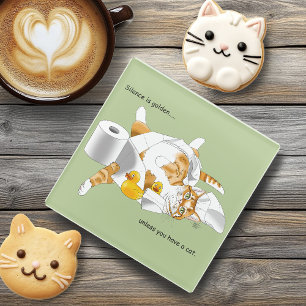 Ginger Orange Cat Funny Toilet Paper Green Glass Coaster