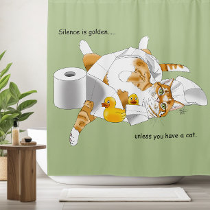 Ginger Orange Cat Funny Toilet Paper Green Shower Curtain