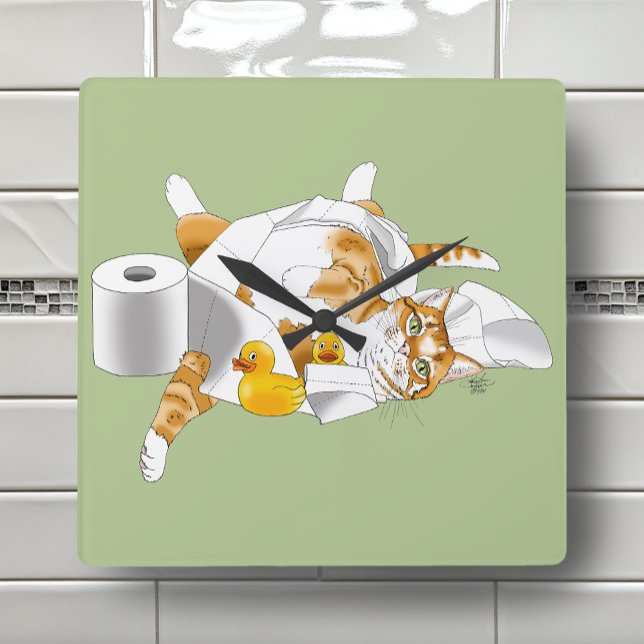 Ginger Orange Cat Funny Toilet Paper Square Wall Clock (Creator Uploaded)