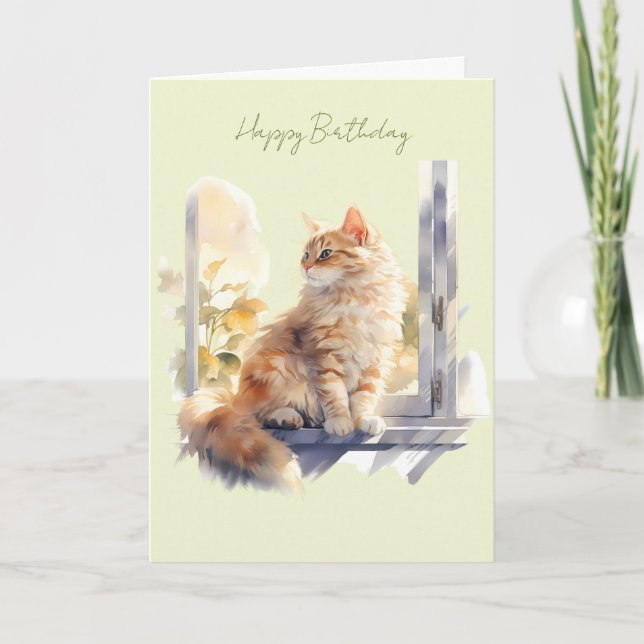 Ginger/Orange Cat in a Window Birthday Card (Front)
